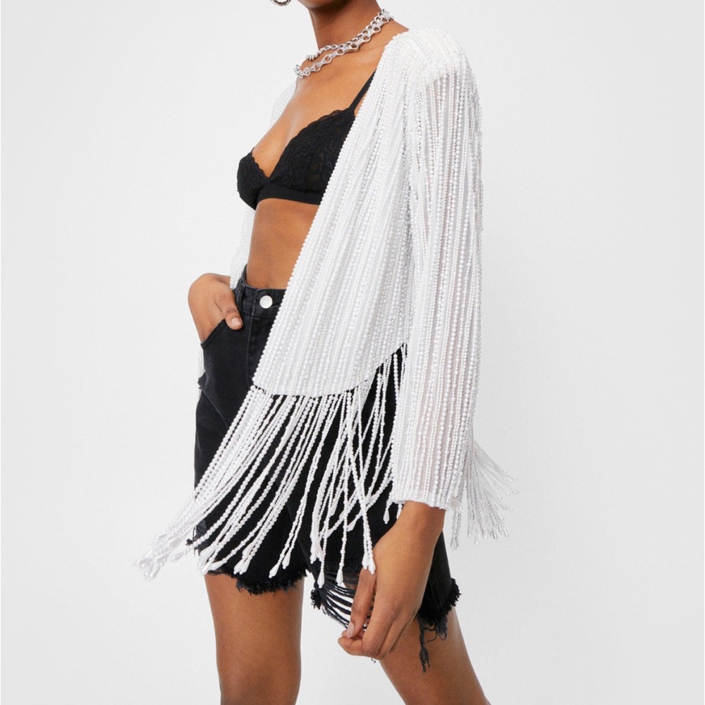White Pearl Fringe Beaded Jacket
